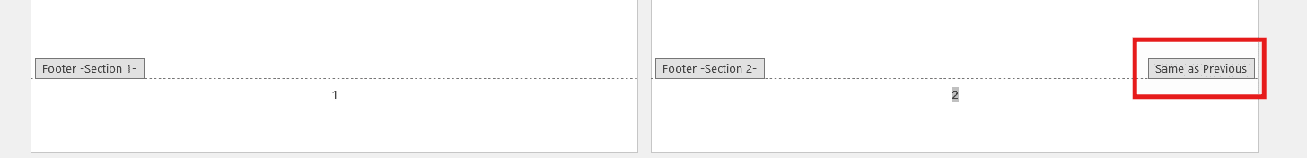 Footer showing Same as Previous label, indicating linked sections in Word