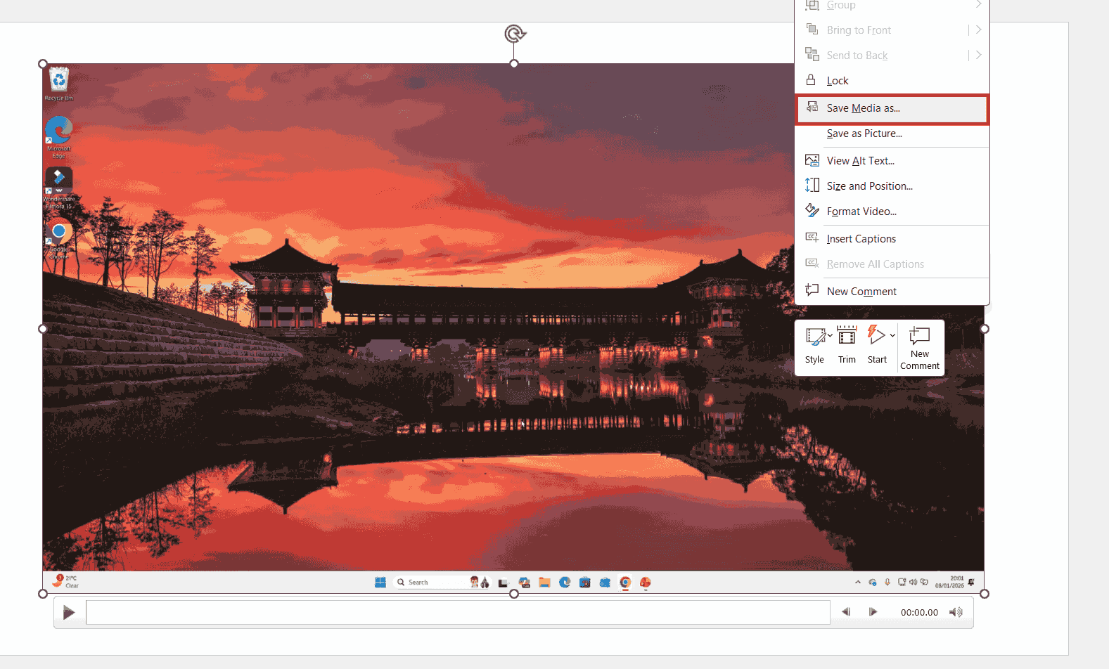 Right-click menu in PowerPoint showing Save Media As for a screen recording
