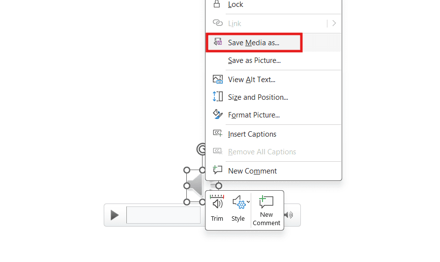 Right-click menu in PowerPoint highlighting Save Media As for audio export