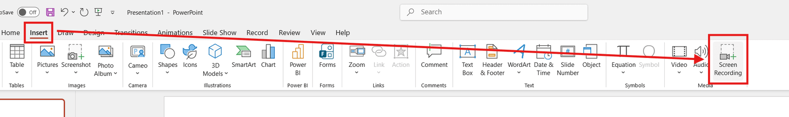 Insert tab in PowerPoint with Screen Recording option highlighted to record audio and screen in PowerPoint