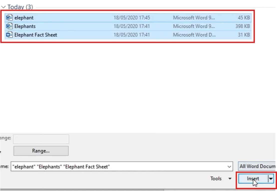 Microsoft Word file browser showing multiple Word documents selected to merge into one file