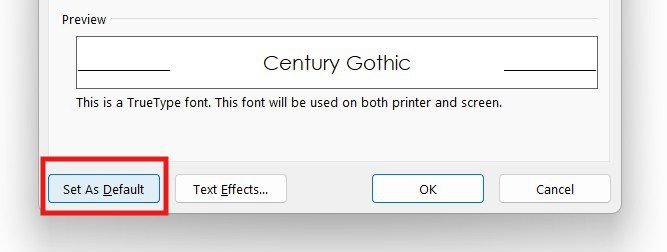 Set As Default button to permanently change the default font in Word