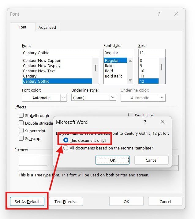 Set As Default option to change the default font in Word for this document only or all documents