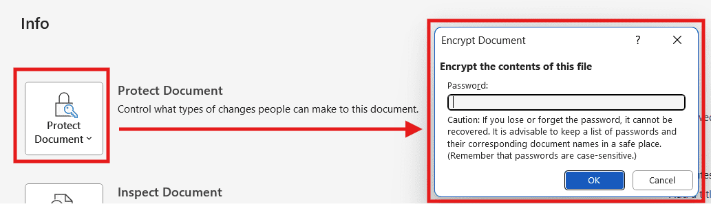 How to password protect a Word document - Encrypt Document window
