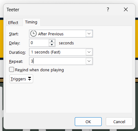 Teeter animation timing dialog with start after previous and repeat three times in PowerPoint