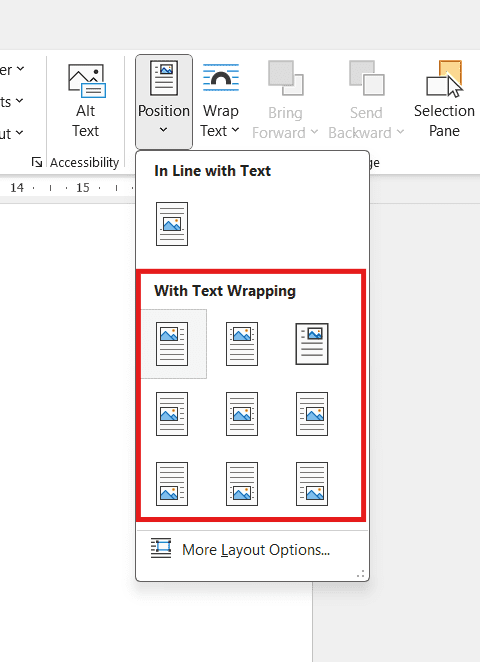Text wrapping options used to move an image freely in Word