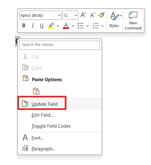 Right-click menu in Microsoft Word showing Update Field option to refresh the word counter