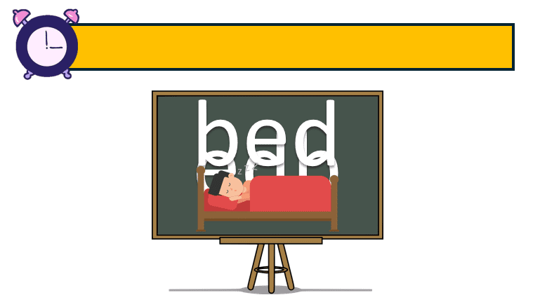 Chalkboard showing the word BED with a sleeping cartoon graphic in a word scramble game in PowerPoint