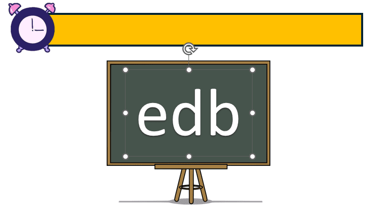 Clock icon, chalkboard, and scrambled letters EDB displayed in a word scramble game in PowerPoint