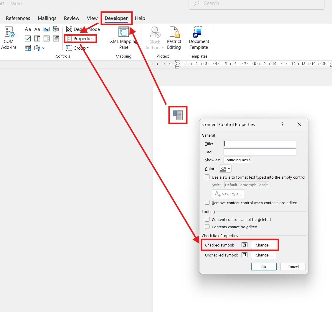 Content Control Properties showing how to change the check box symbol in Word
