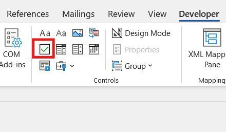 Check Box Content Control button - used to insert a check box in Word