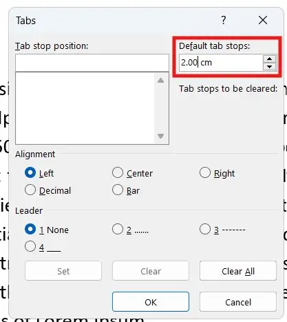 Changing default tab stops to 2 cm to indent in Word