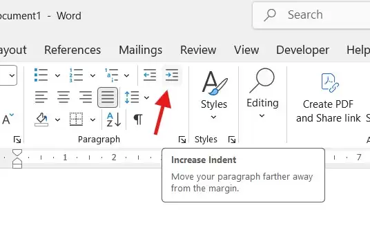 Increase Indent button on the Home tab in Word
