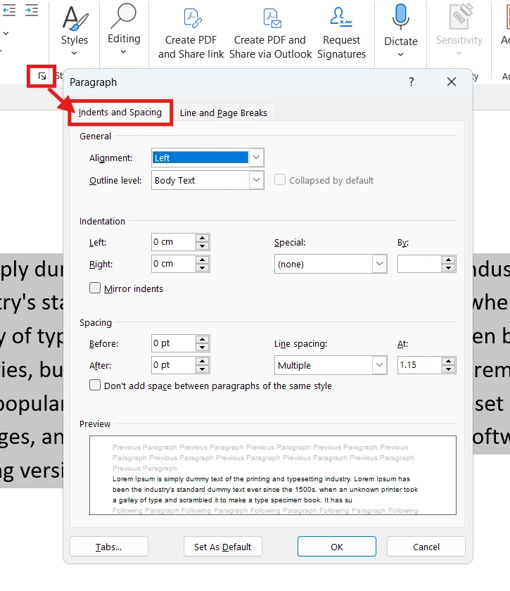 Indents and Spacing tab to align text in Word
