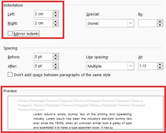 Left and right indent set to 2 cm to indent in Word