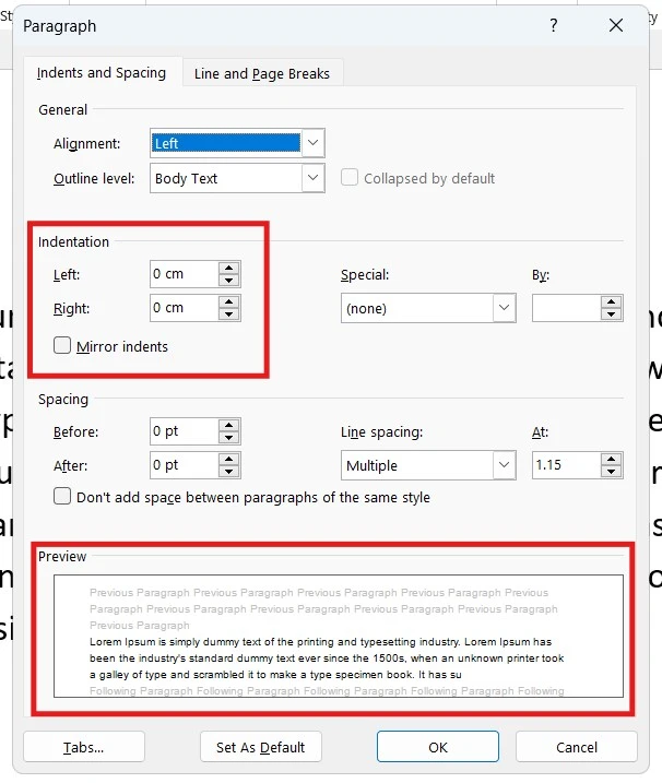 Left and right indentation settings to align text in Word
