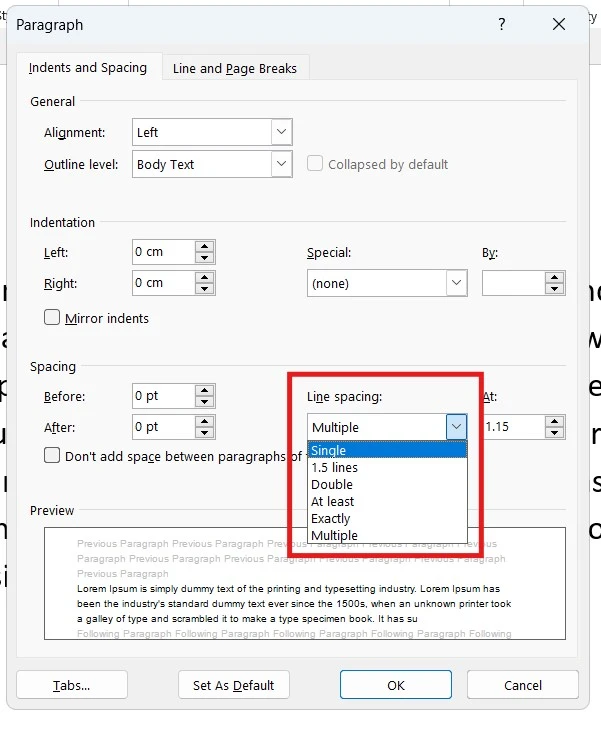 Line spacing options when you align text in Word