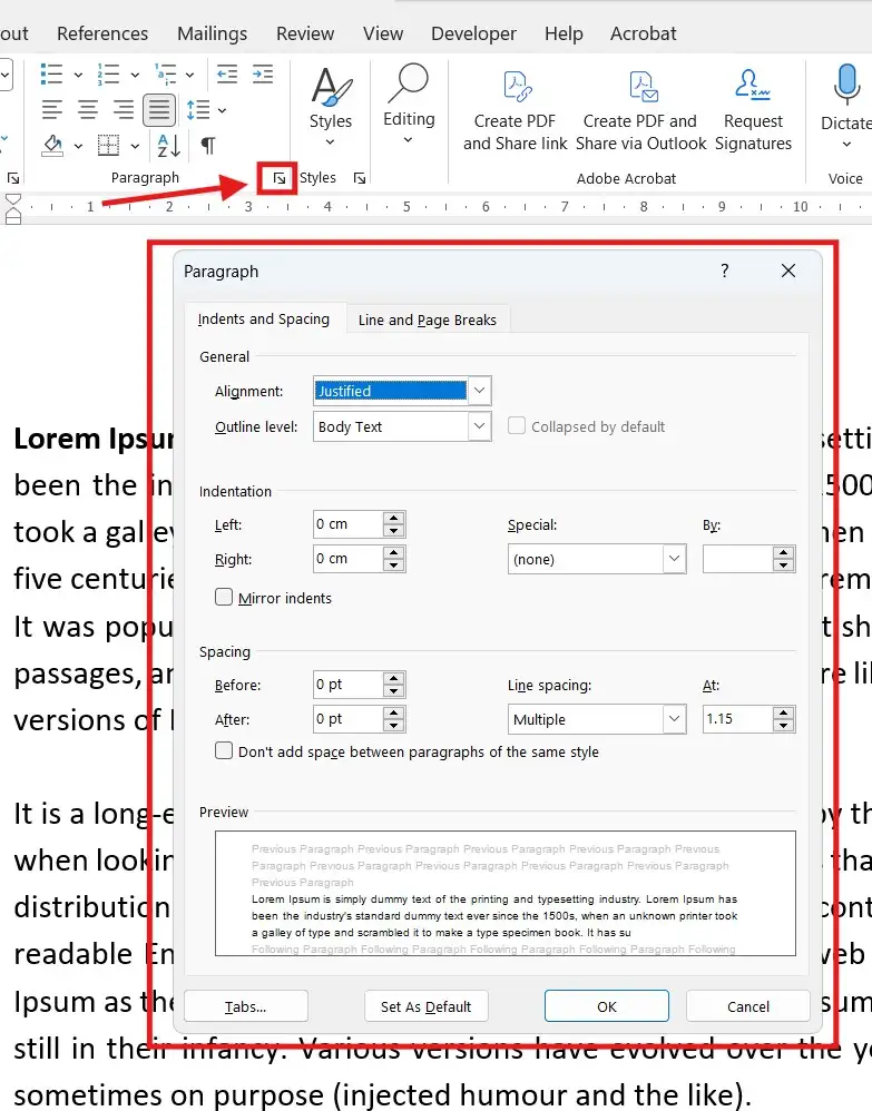 Paragraph settings dialog used to indent in Word