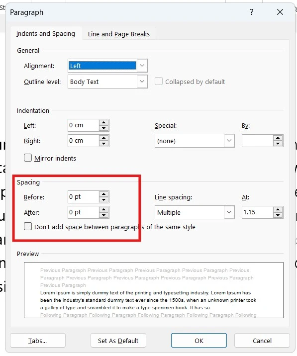 Before and after paragraph spacing when you align text in Word