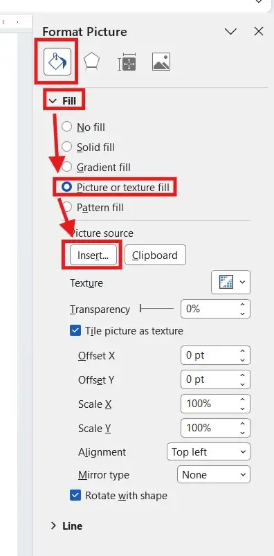 Select Picture or Texture Fill in the Format Shape pane