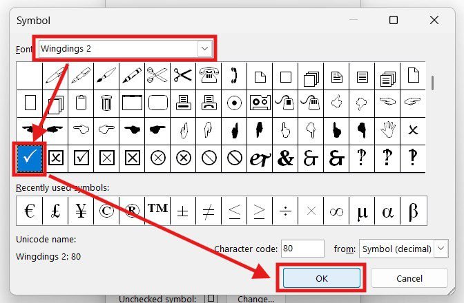 Selecting a tick symbol from Wingdings 2 for the check box in Word