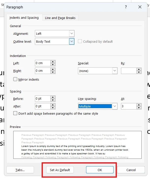 Set As Default and OK buttons when aligning text in Word