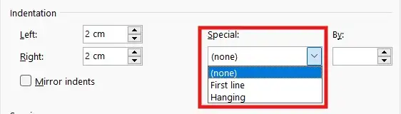 Special indentation options to indent in Word