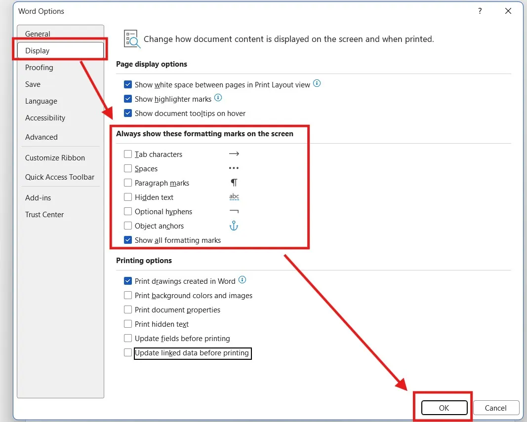 Word Options display settings to permanently remove formatting marks in Word