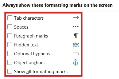 How to remove formatting marks in Word - display settings