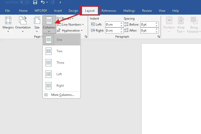 Word Layout tab showing how to add columns in Word with the Columns menu