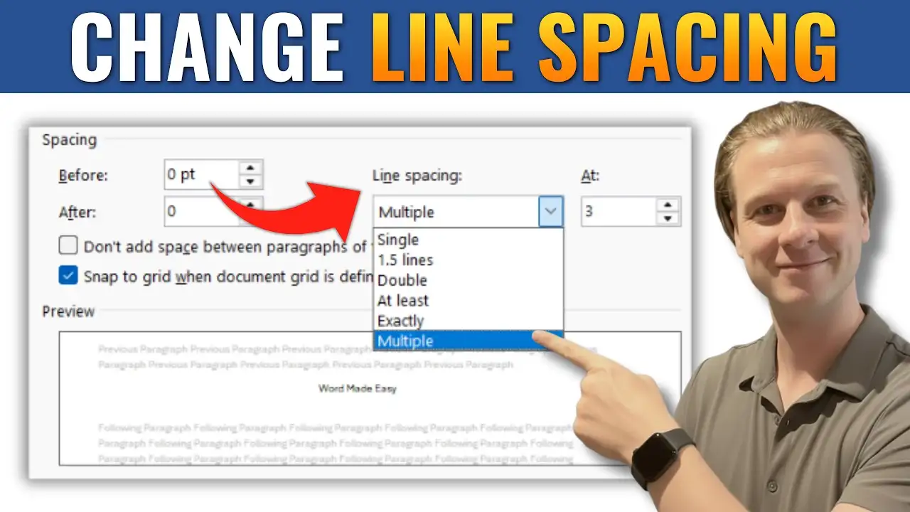 Microsoft Word line spacing settings with multiple spacing option selected and presenter pointing at dropdown