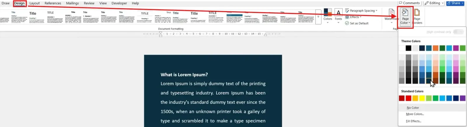 Microsoft Word Design tab Page Color menu showing theme colours to add a background in Word.
