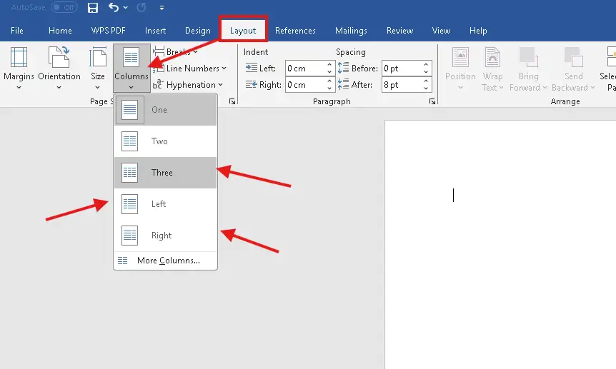 Word Columns menu showing Two, Three, Left, and Right column layout options