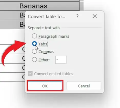 Convert to Text dialog when merging tables in Word
