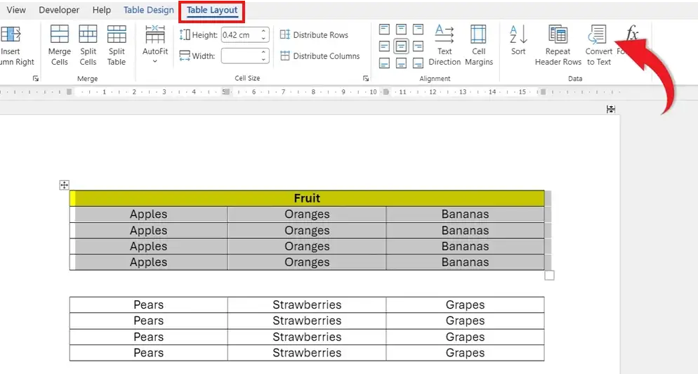 Convert table to text to merge tables in Word
