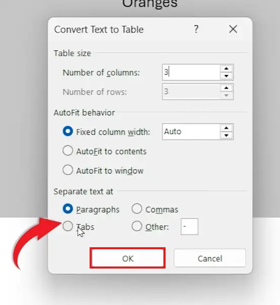Convert Text to Table dialog showing column and tab settings to merge tables in Word