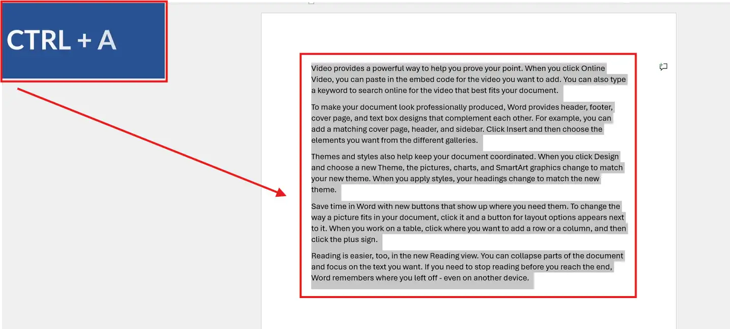 Microsoft Word document showing Ctrl + A keyboard shortcut used to select all text before changing line spacing in Word
