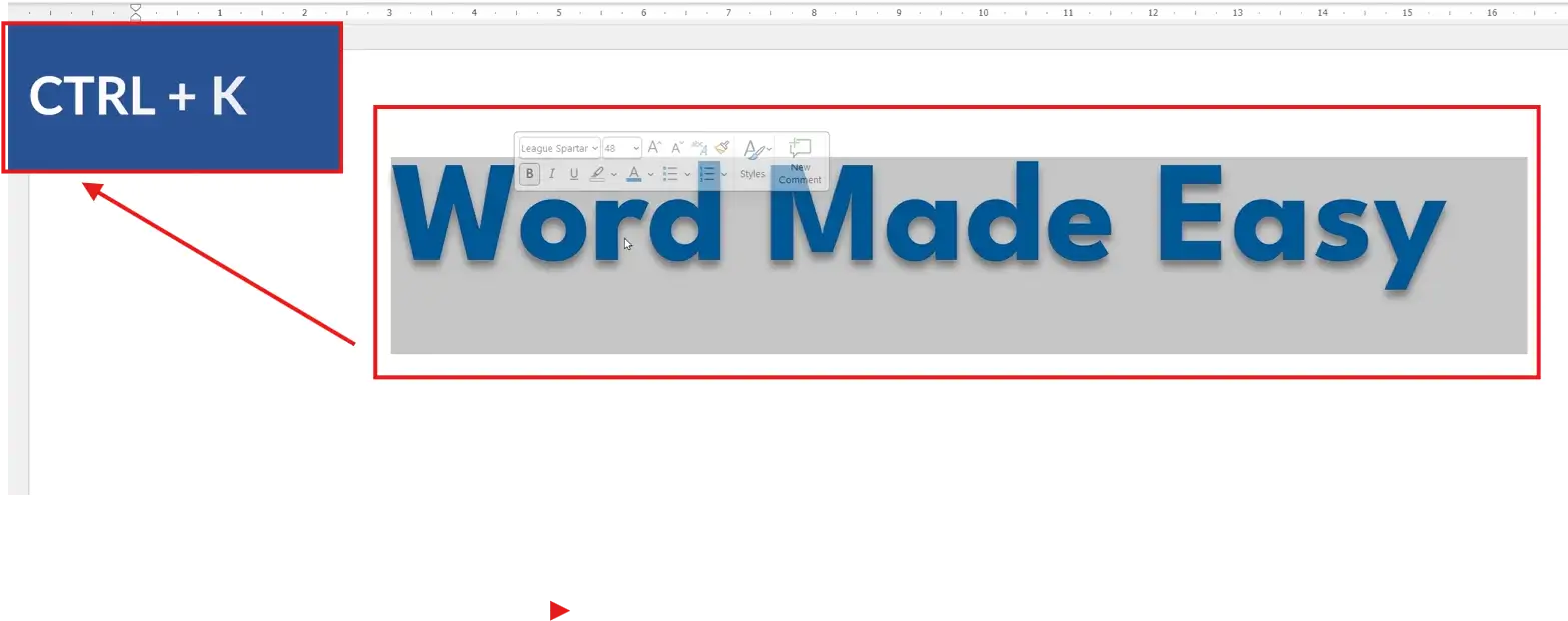 Word document showing Ctrl + K shortcut to insert a hyperlink in Word with Word Made Easy banner