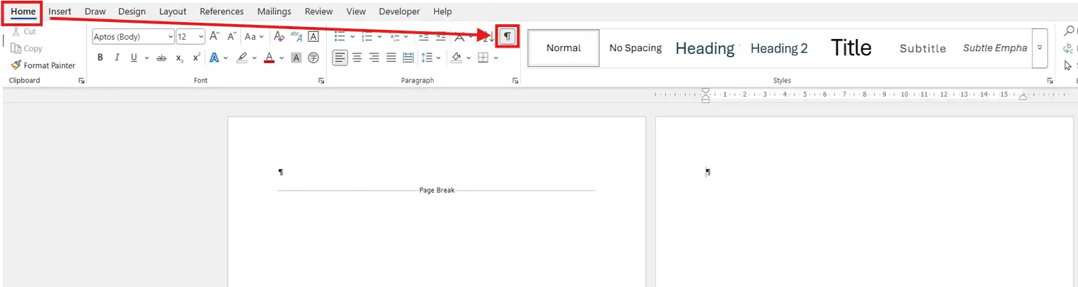 Word Home tab Show/Hide button revealing formatting marks to delete an extra page in Word