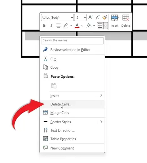 Word table with right-click menu highlighting Delete Cells option to delete a row in a table in Word