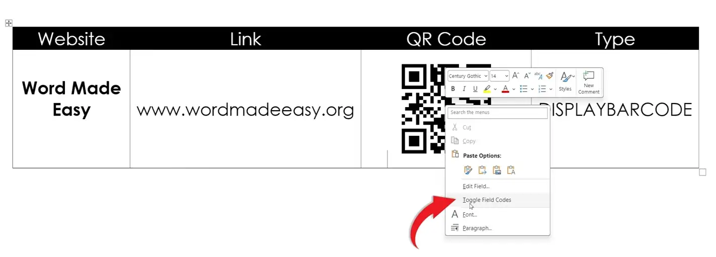 Microsoft Word right-click menu showing Toggle Field Codes option used to edit a QR code destination URL