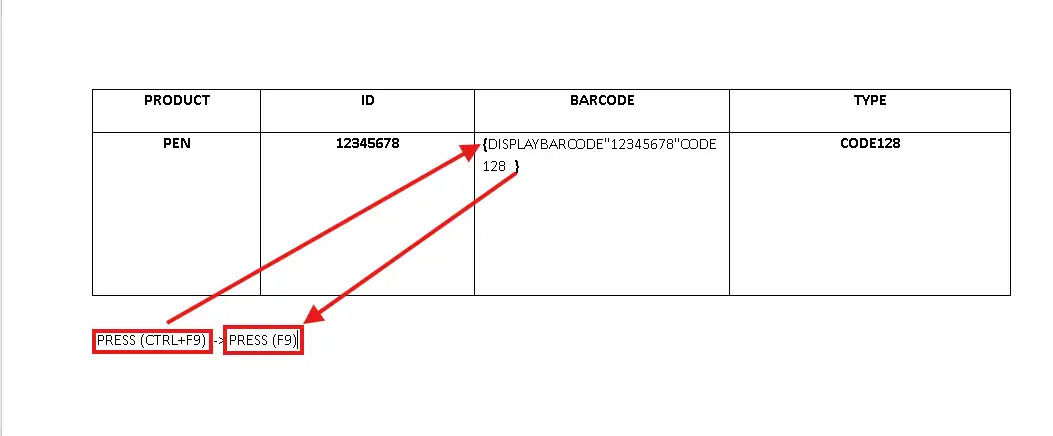 Microsoft Word DISPLAYBARCODE field code with CODE128 shown for how to create barcodes in Word using Ctrl + F9 and F9