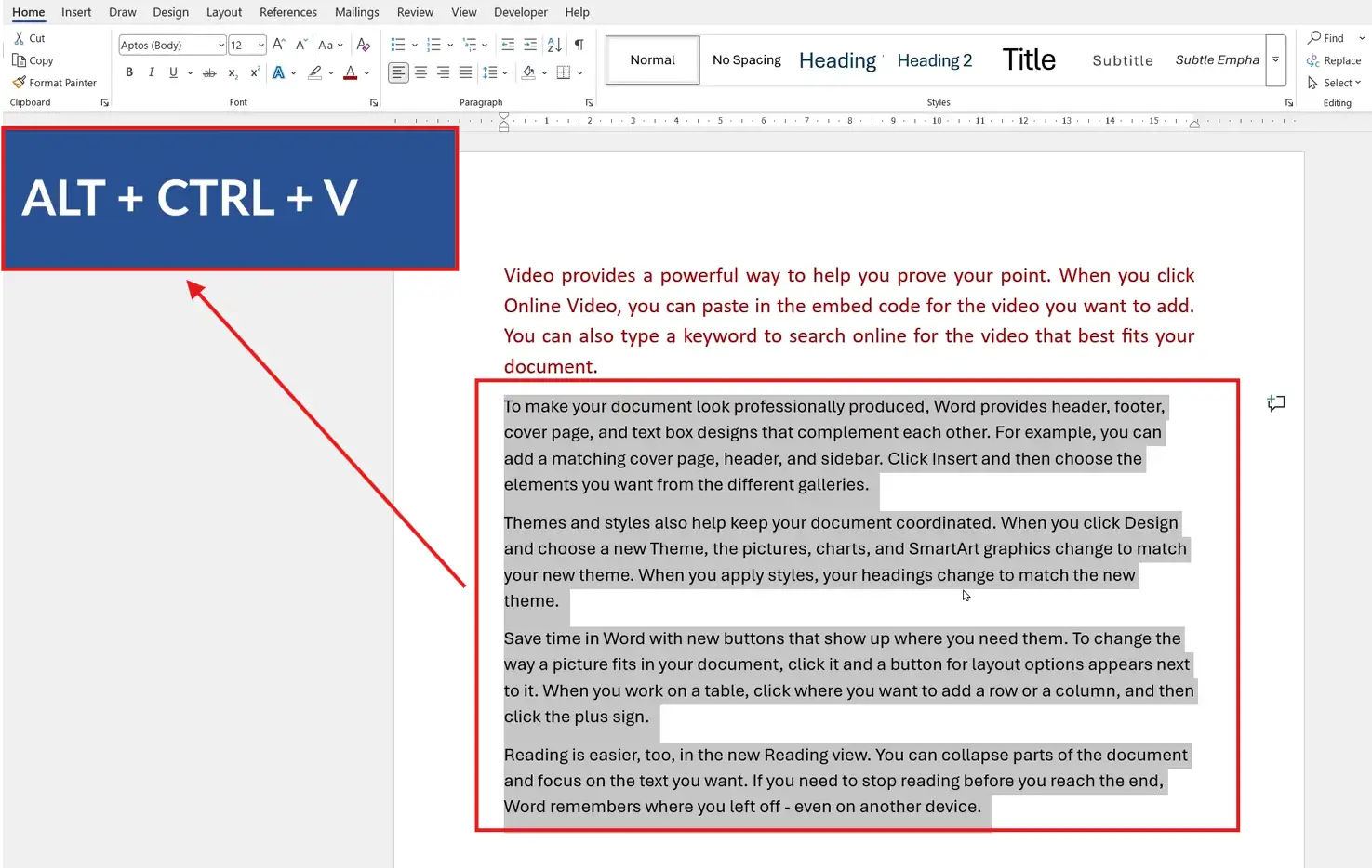 Word paste formatting shortcut highlighted to apply Format Painter styling instantly using the keyboard