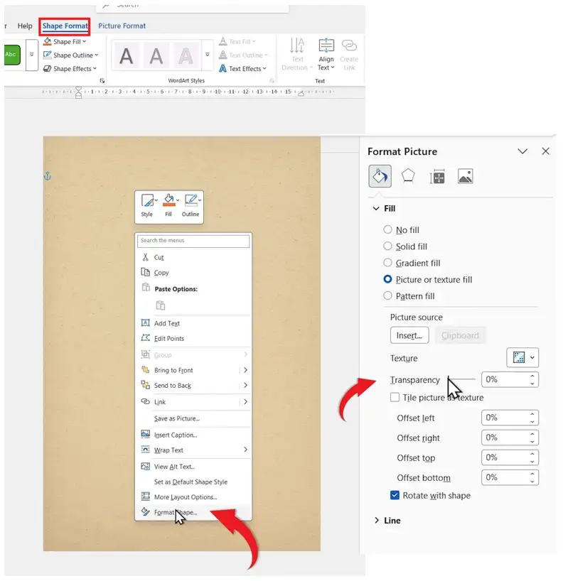 Microsoft Word Format Picture panel showing transparency slider to add a background in Word.