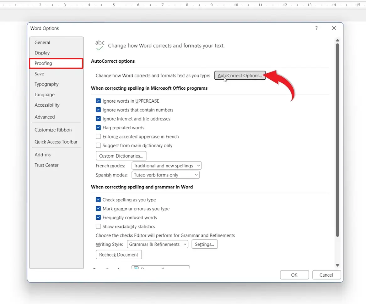 Word Options Proofing tab with AutoCorrect Options button highlighted to stop auto-hyperlinks