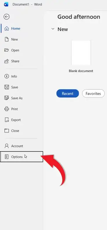 Word home screen with Options button highlighted in the sidebar for opening Word settings