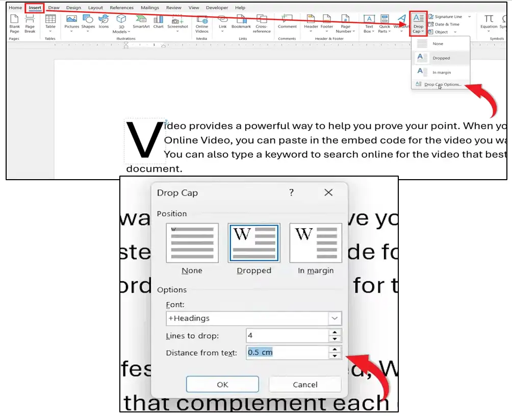 Microsoft Word Drop Cap Options dialog showing font position and lines to drop settings to add a drop cap in Word