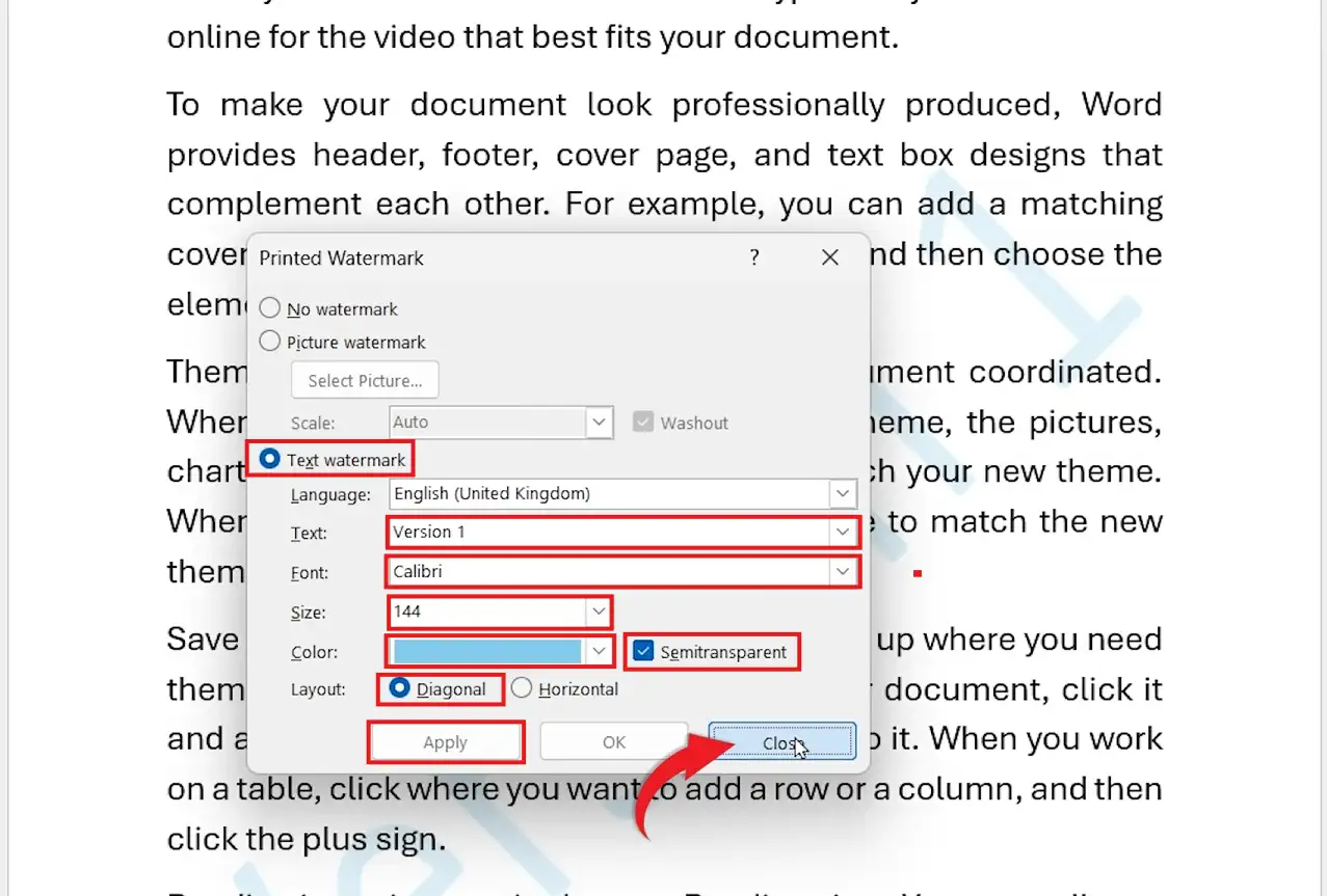 Printed Watermark dialog showing text watermark settings - font, size, colour, and diagonal layout