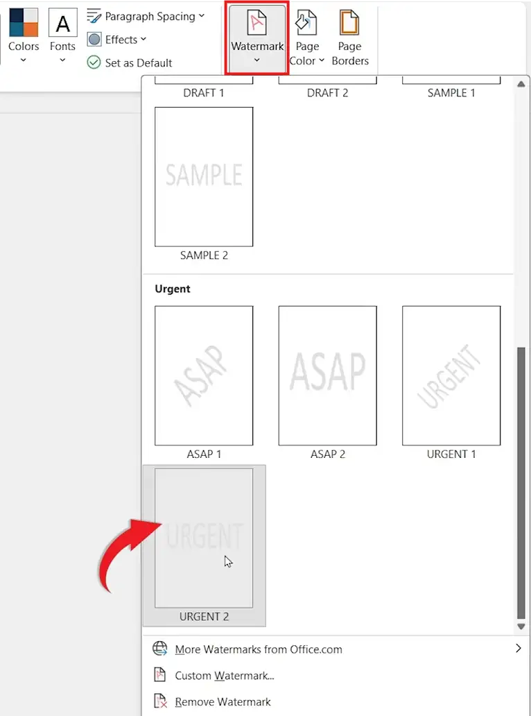 Microsoft Word watermark gallery showing built-in templates like Urgent and ASAP