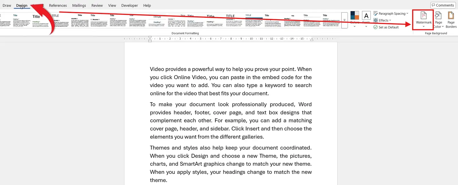 How to add a watermark in Word - Design tab Watermark button in Page Background section